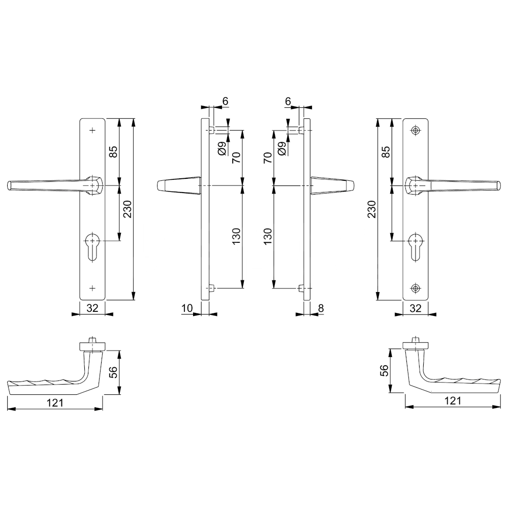 Dimensions Image: HOPPE Frankfurt UPVC Lever Door Furniture