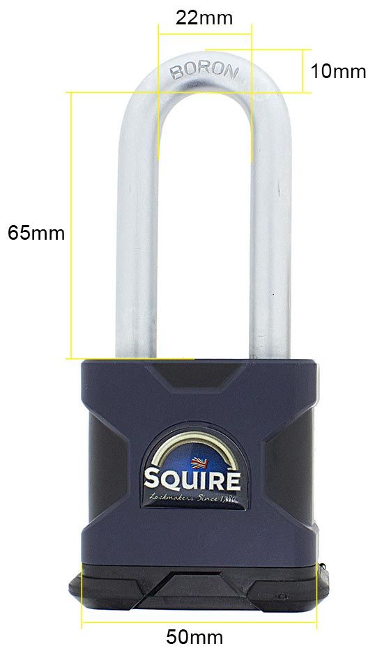 Dimensions Image: SQUIRE SS50S Stronghold® Long Shackle Padlock with EVVA ICS key - Fully Protected key