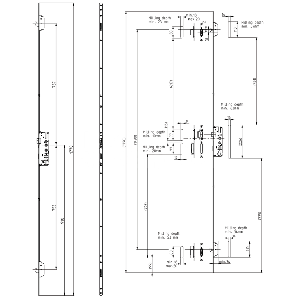 Dimensions Image: Elite Twin Spindle 2 Hook Multipoint Composite Door Lock