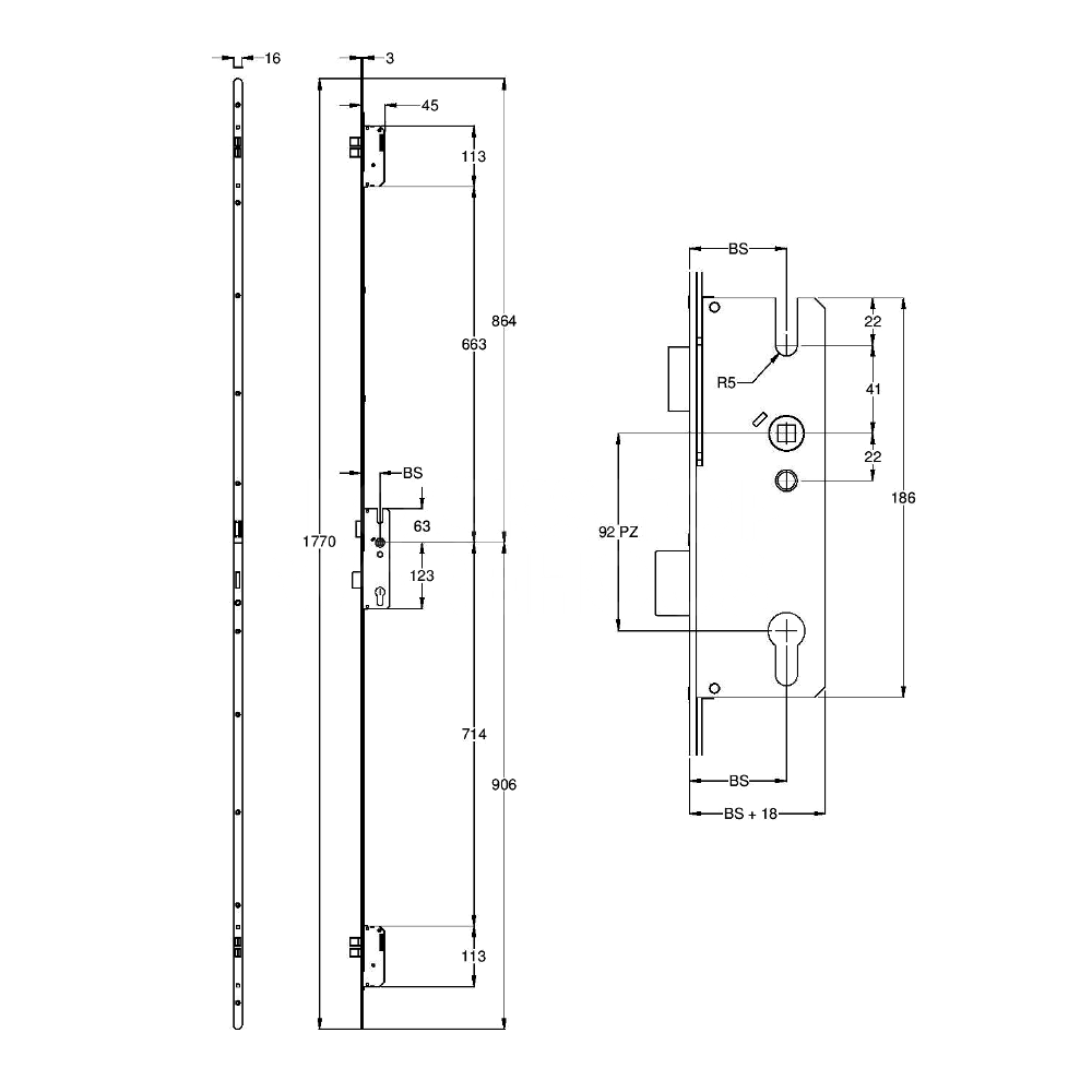 Dimensions Image: Winkhaus Thunderbolt Lever Operated Multipoint Lock Latch &amp; Deadbolt