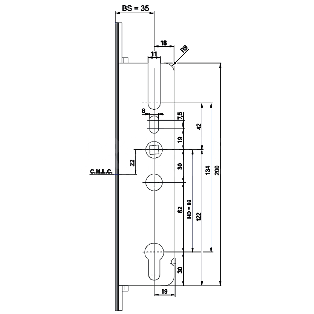Dimensions Image: Elite Lever Operated Latch &amp; Deadbolt Twin Spindle Centre Case - 35/92