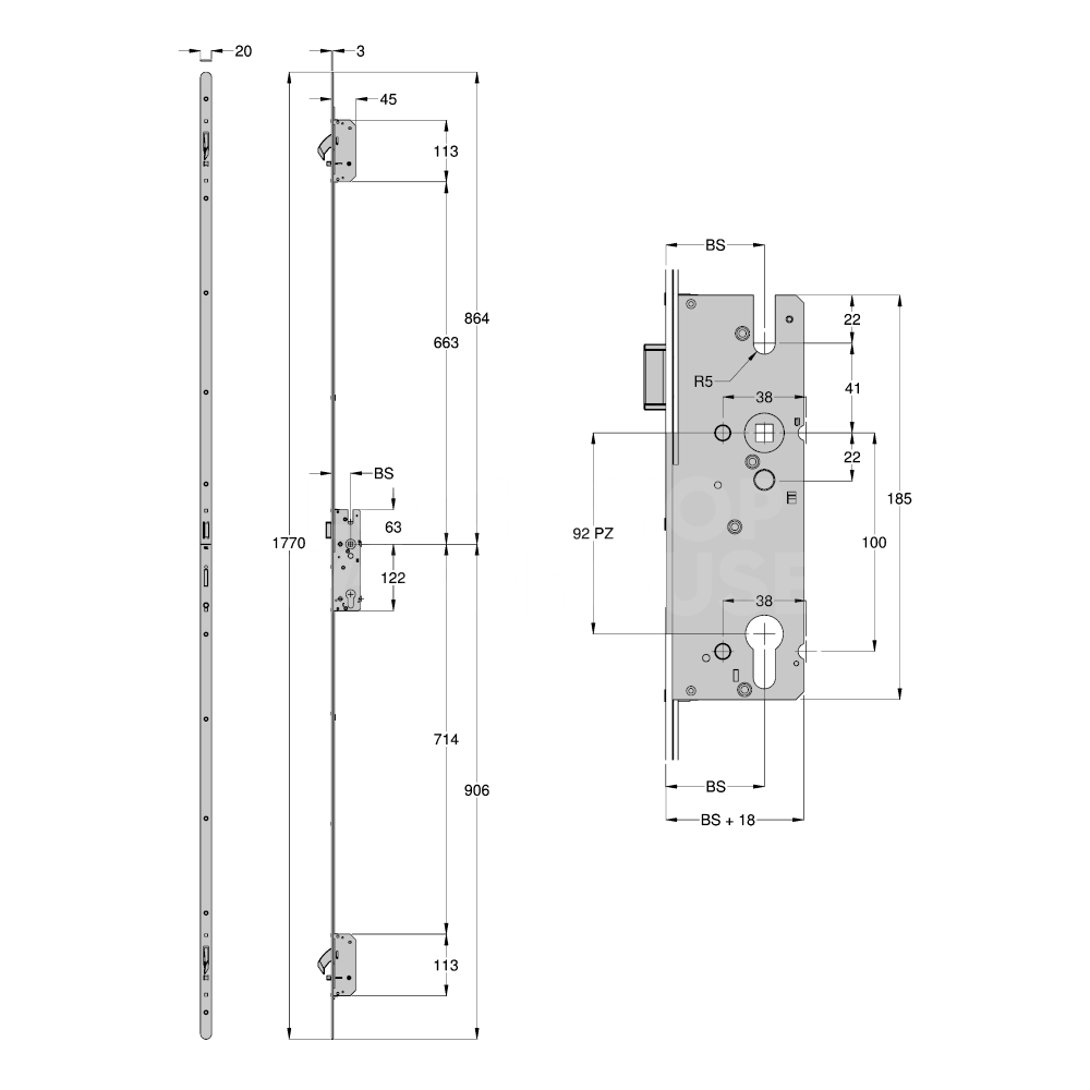Dimensions Image: Winkhaus AV2-F 2070 M2 Automatic 2 Hook Multipoint Lock