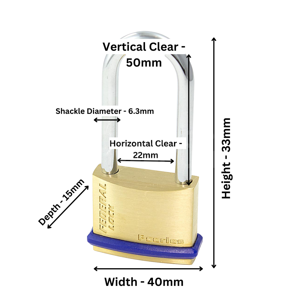 Dimensions Image: Federal 40mm Brass Padlock Long Shackle