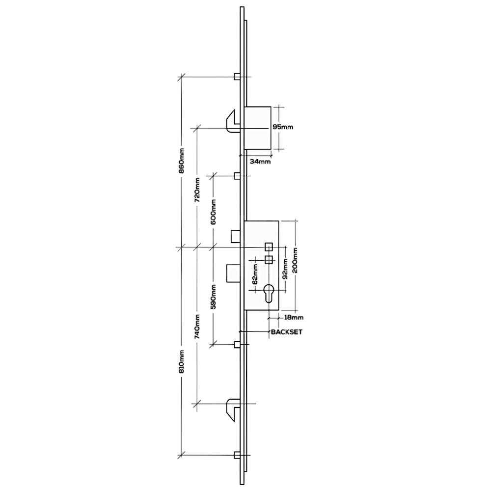 Dimensions Image: Elite Twin Spindle 2 Hook 4 Roller Multipoint Lock