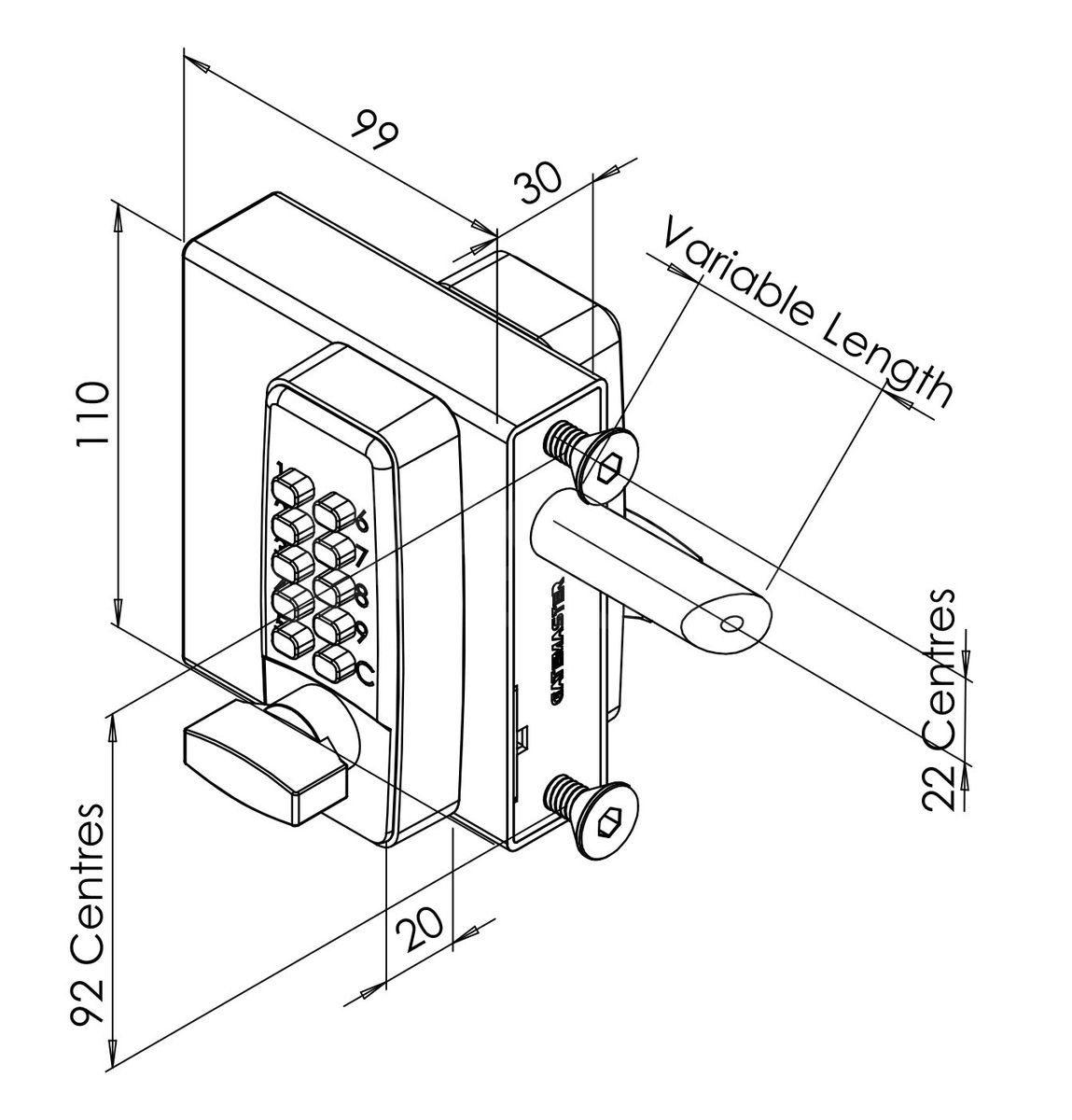 Dimensions Image: Gatemaster SelectPro Double-Sided Keypad Code Gate Lock