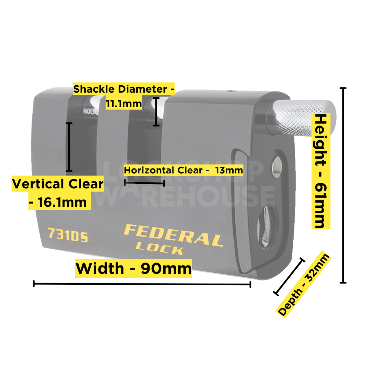 Dimensions Image: Federal FD731-DS Shutter Padlock