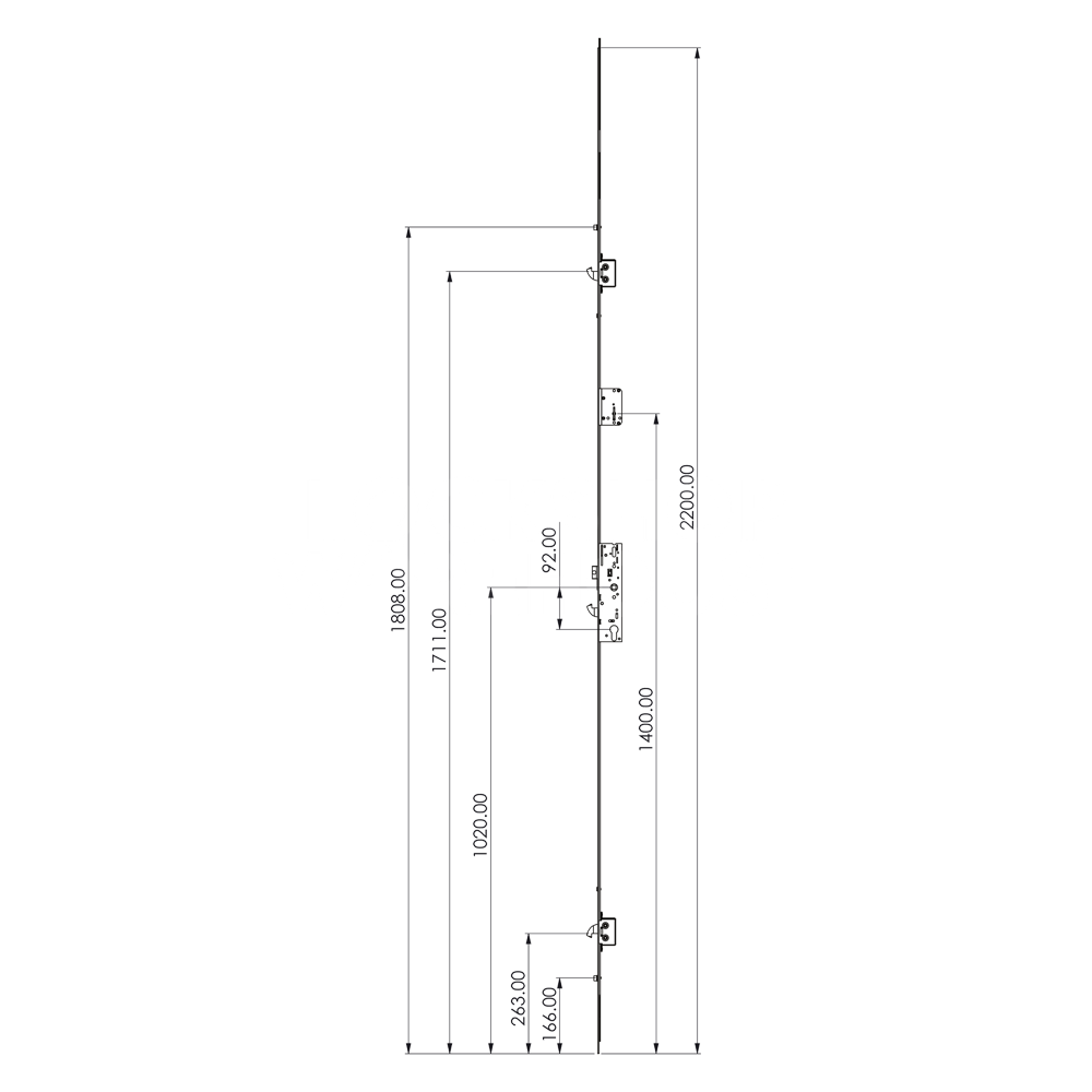 Dimensions Image: Yale YS170 Lever Operated 2 Hook 2 Roller Multipoint Lock