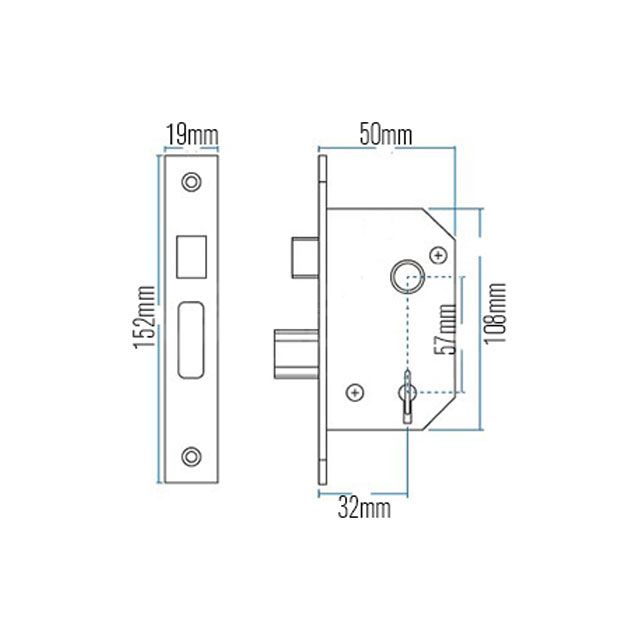 Dimensions Image: Willenhall M3 Sashlock - 50mm (19mm Faceplate)