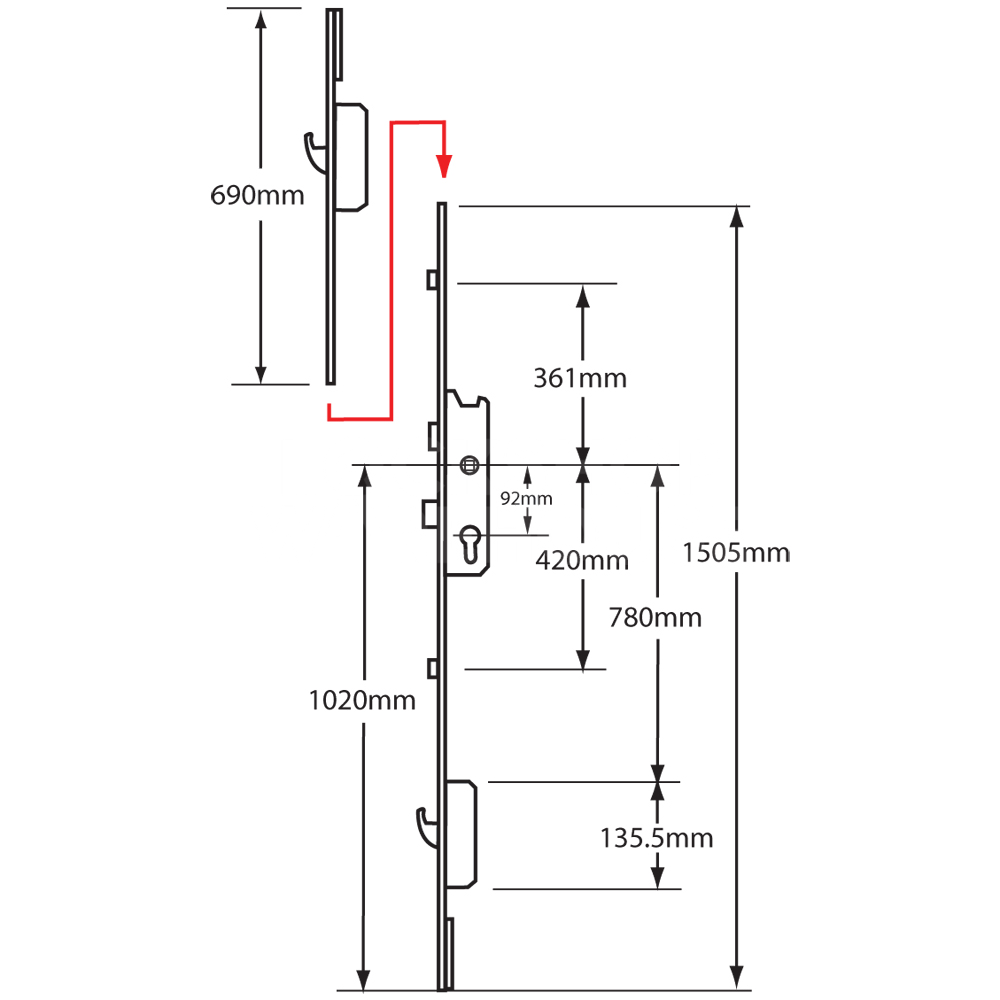 Dimensions Image: Fuhr 856 Type 6 Lever Operated Multipoint Lock