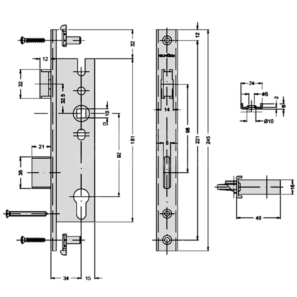 Dimensions Image: Schuco 92PZ U-Rail Lever Operated Latch &amp; Deadbolt Lock Case
