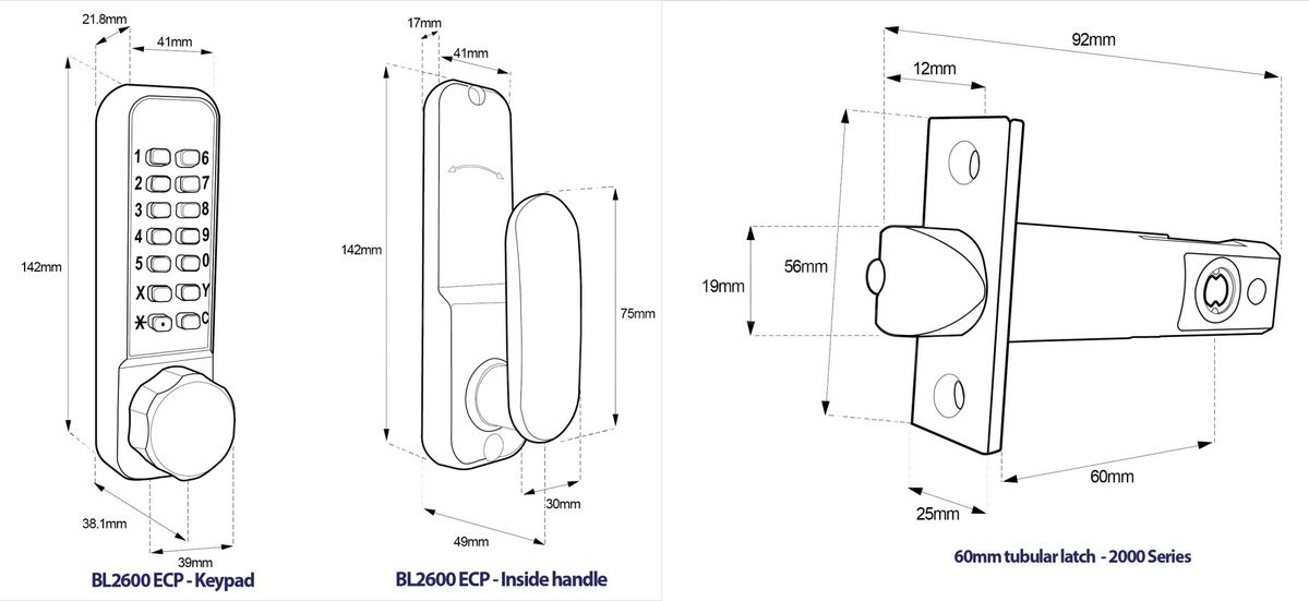 Dimensions Image: BORG LOCKS BL2601ECP  Marine Grade Pro Digital Lock With Optional Holdback