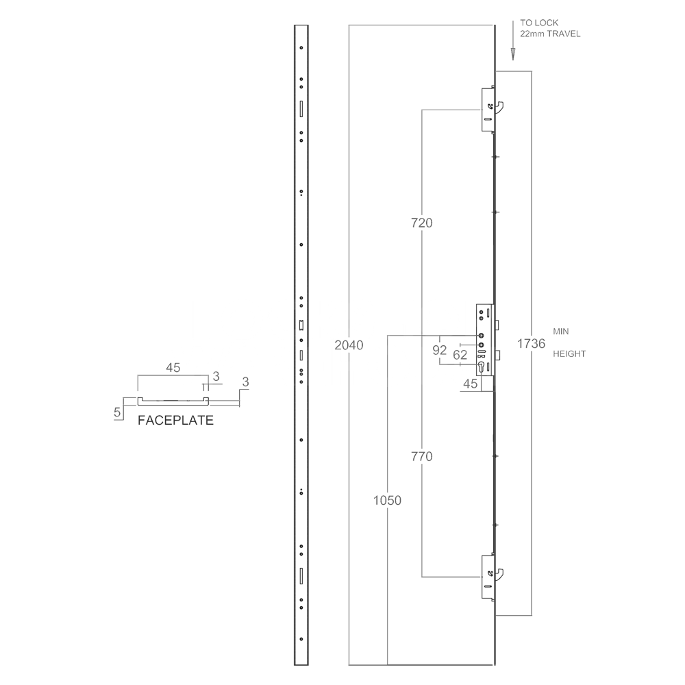 Dimensions Image: Lockmaster Twin Spindle Hook Multipoint Lock