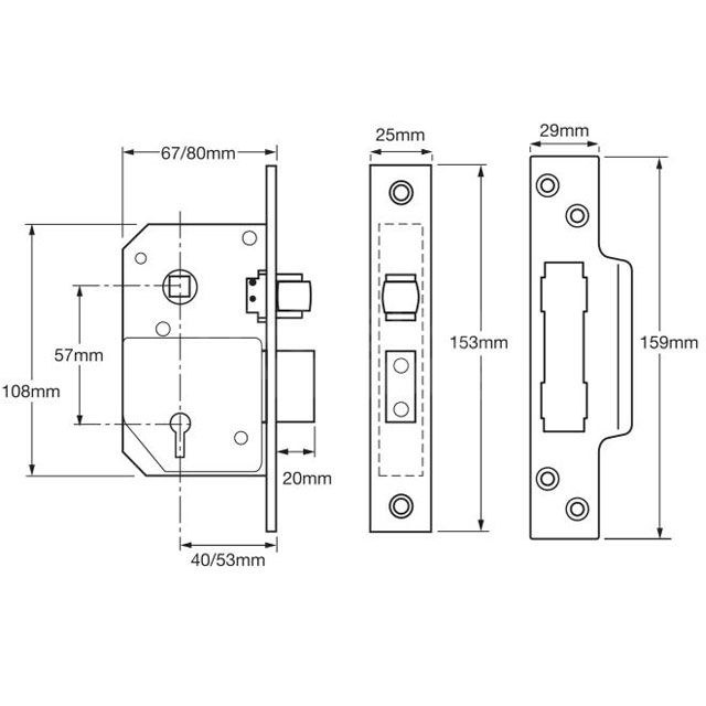 Dimensions Image: Union 3K74E Sashlock (BS3621:2007)