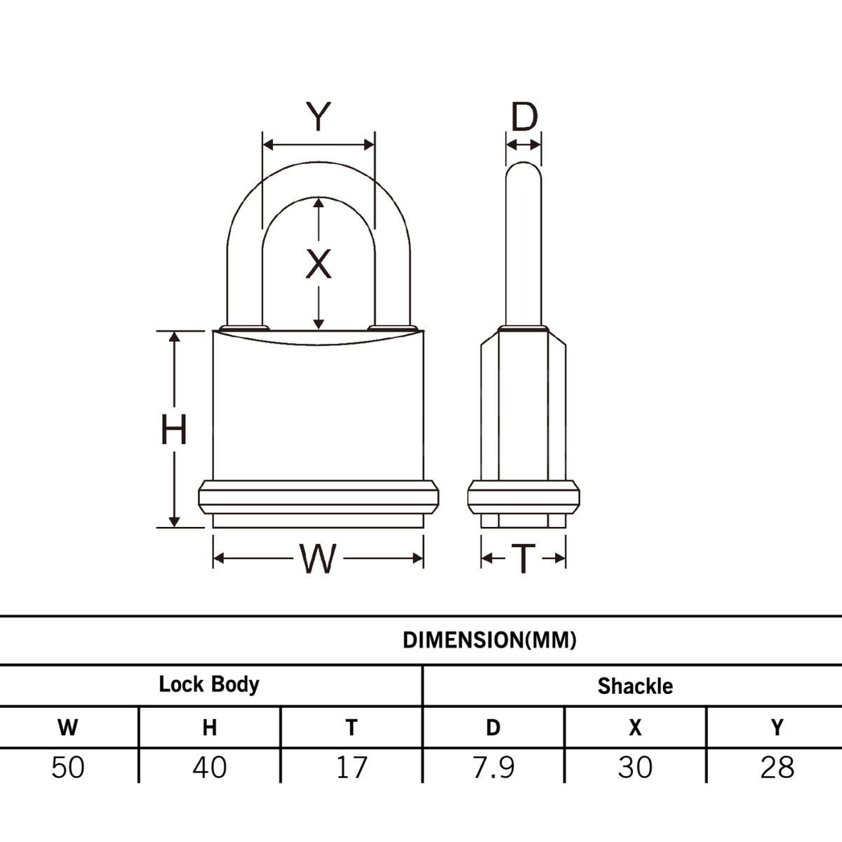 Dimensions Image: Federal SF50 50mm Brass Padlock