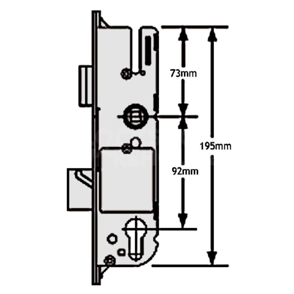 Dimensions Image: GU Lever Operated Latch &amp; Deadbolt Centre Case