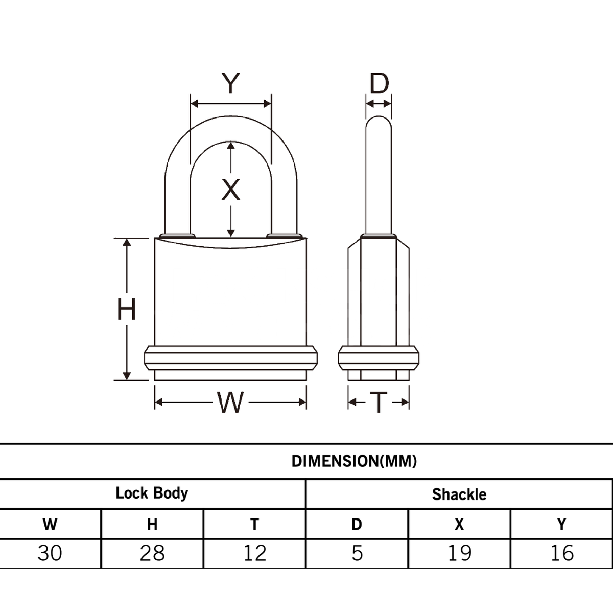 Dimensions Image: Federal F30 30mm Brass Padlock