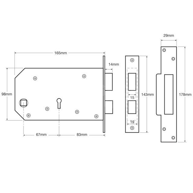 Dimensions Image: Union 3J60 Horizontal Sashlock