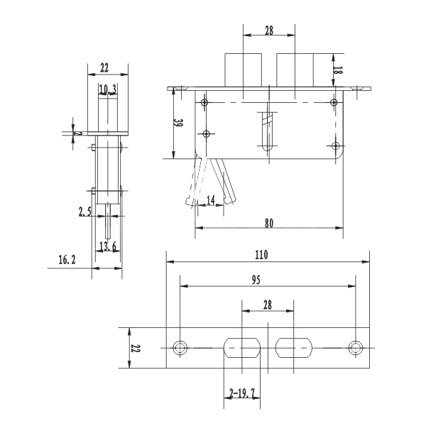 Dimensions Image: Hooply 502A Side Lock Shoot Bolt