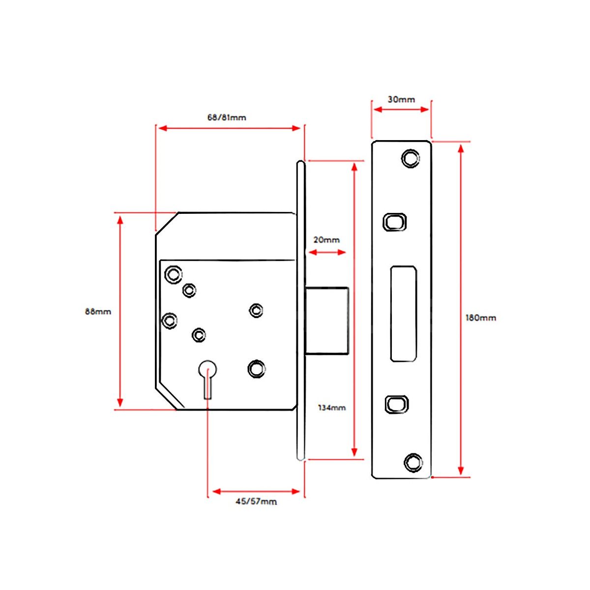 Dimensions Image: TSS 5 Lever BS3621 Mortice Deadlock