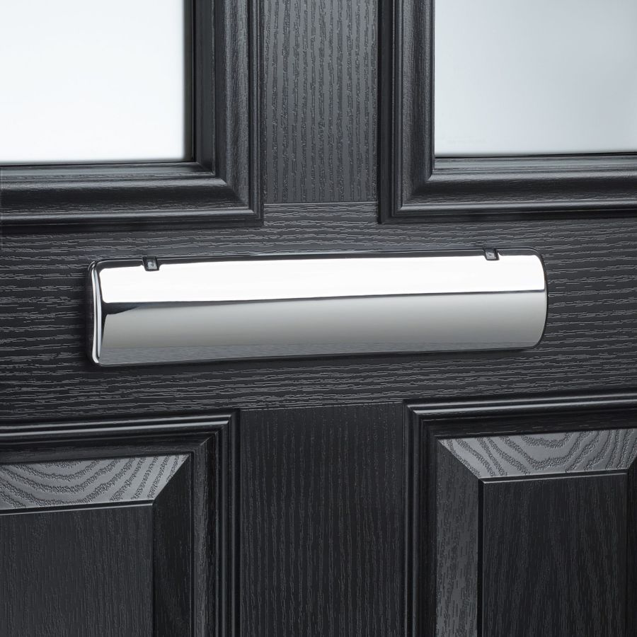 Sweet square letterplate in chrome on a front door