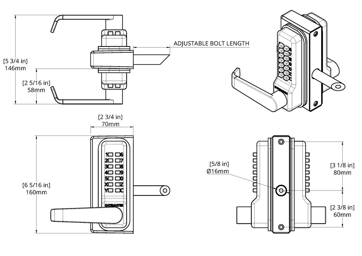 Dimensions Image: Gatemaster Superlock 2.0 Double-Sided Keypad Code Gate Lock with Lever Handles
