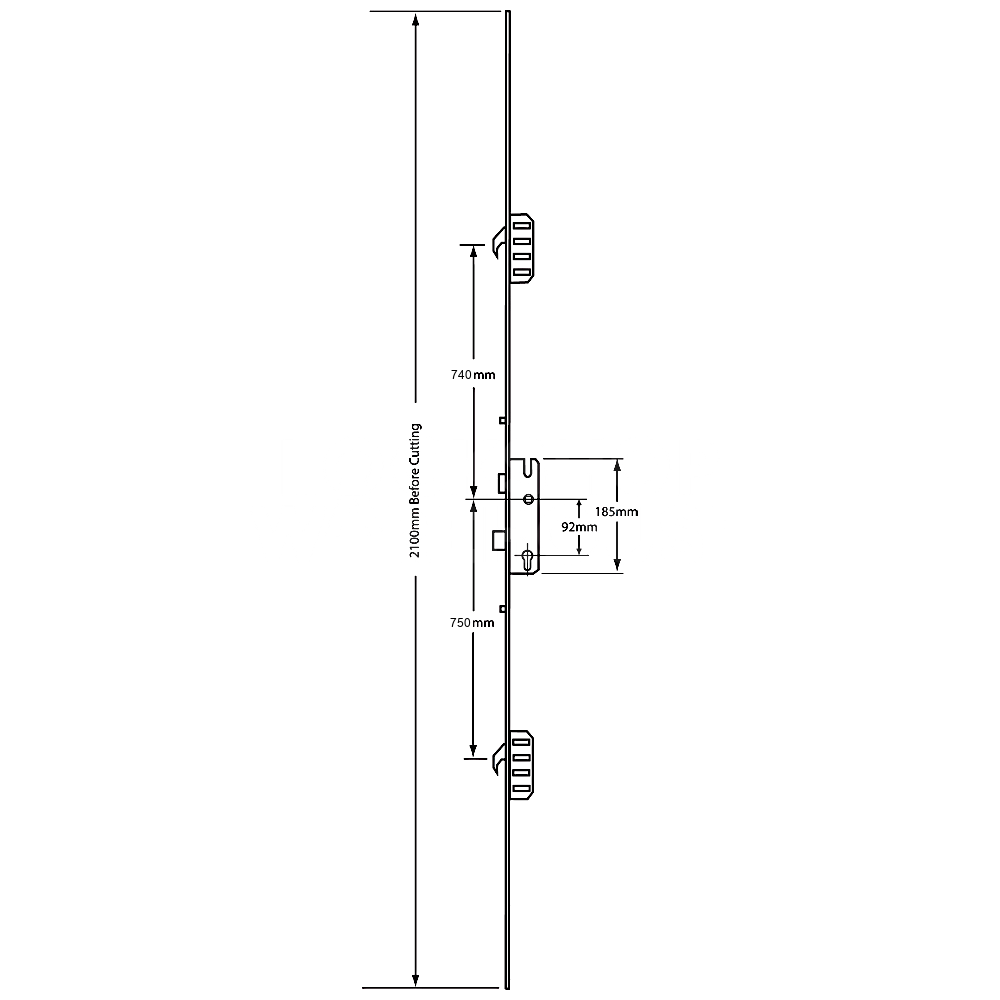 Dimensions Image: Winkhaus Cobra Lever Operated 2 Hook 2 Roller Split Spindle