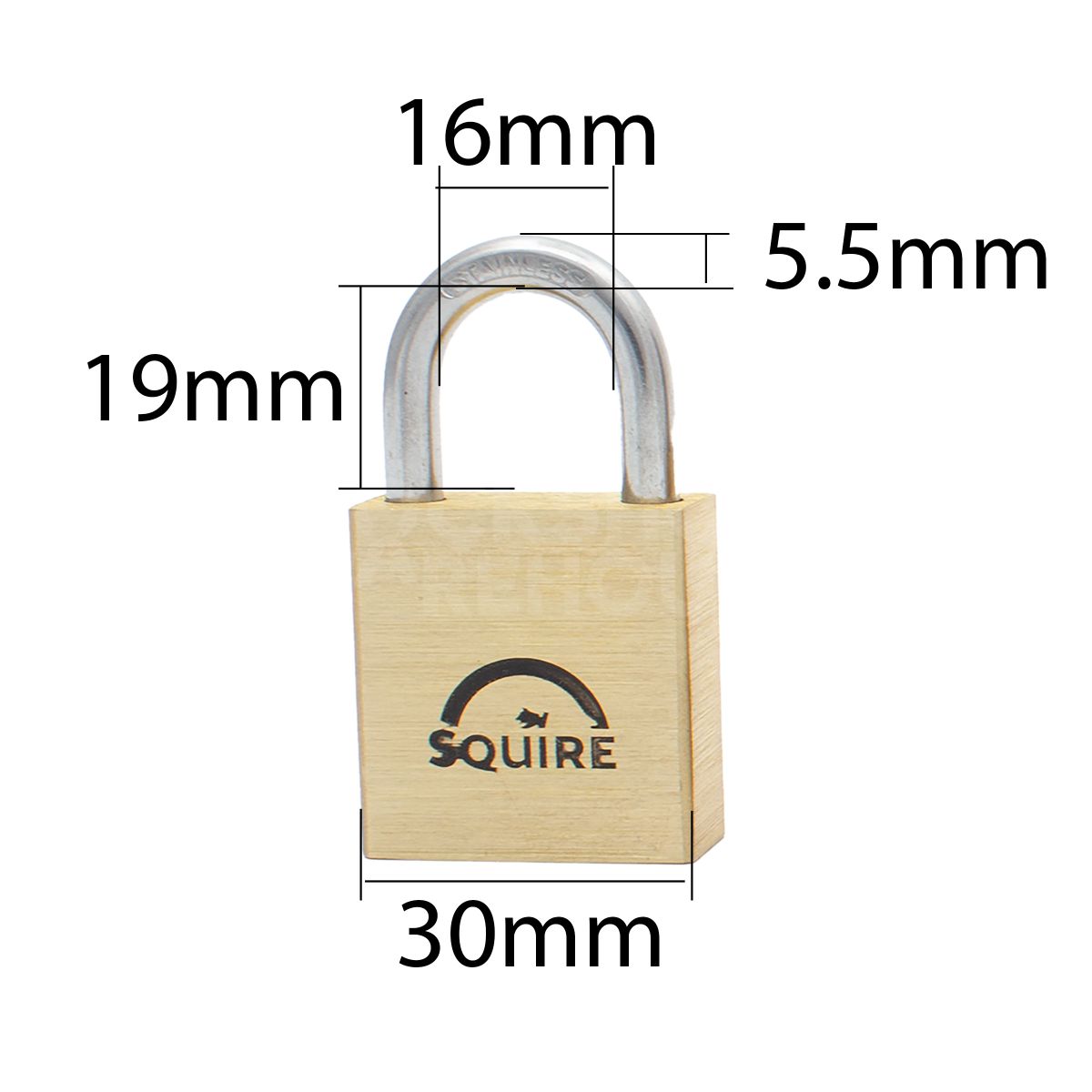 Dimensions Image: Squire LN3S MARINE - 30mm - Brass Padlock Stainless Steel Shackle