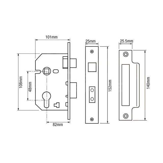 Dimensions Image: Imperial G7000 Sashcase 101mm - Satin Chrome