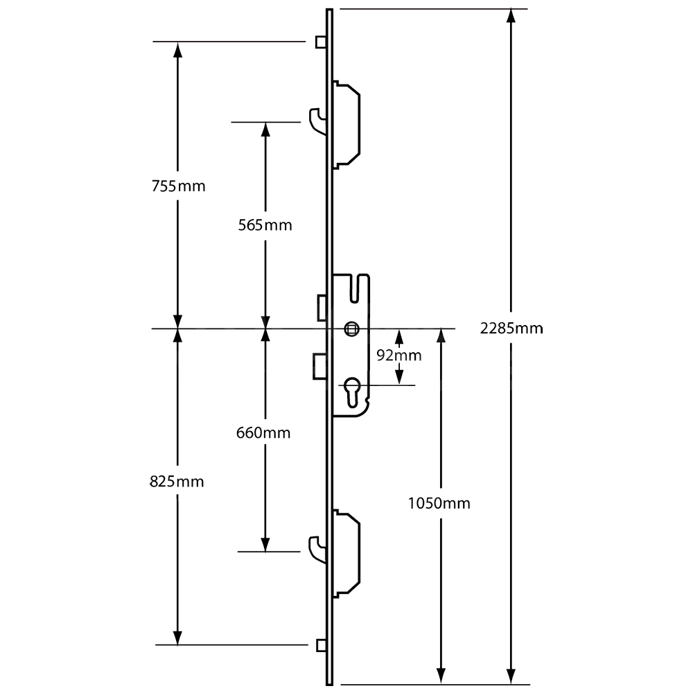 Dimensions Image: GU 2 Hook 2 Roller Split Spindle Multipoint Lock
