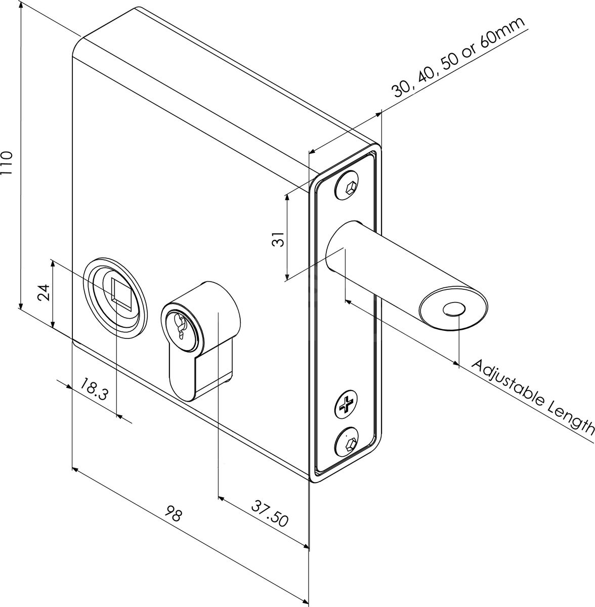 Dimensions Image: Gatemaster Select Pro Weld-In Latch Deadlock