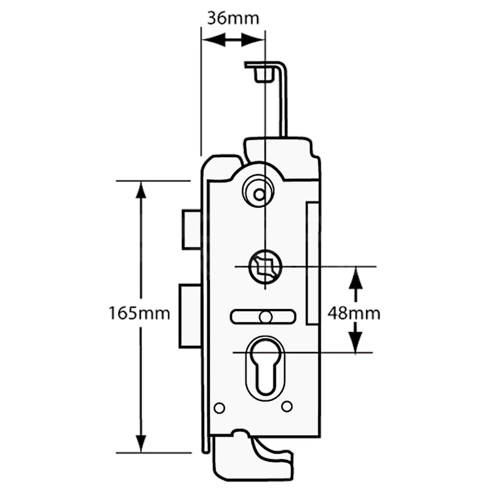 Dimensions Image: UNION Everest 3 Point Centre Case Lock - 35.5/48