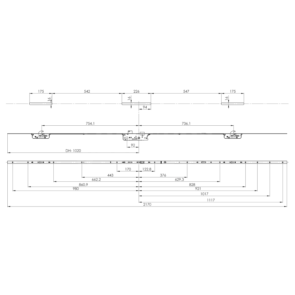 Dimensions Image: Fuhr 859 Type 3 Lever Operated 2 Hook Multipoint Lock