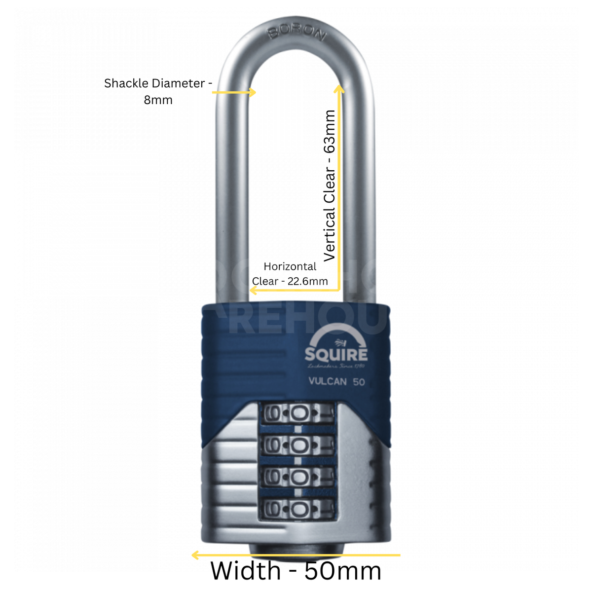 Dimensions Image: SQUIRE Vulcan 50mm 2.5" Long Shackle Combination Padlock - 4 Wheel