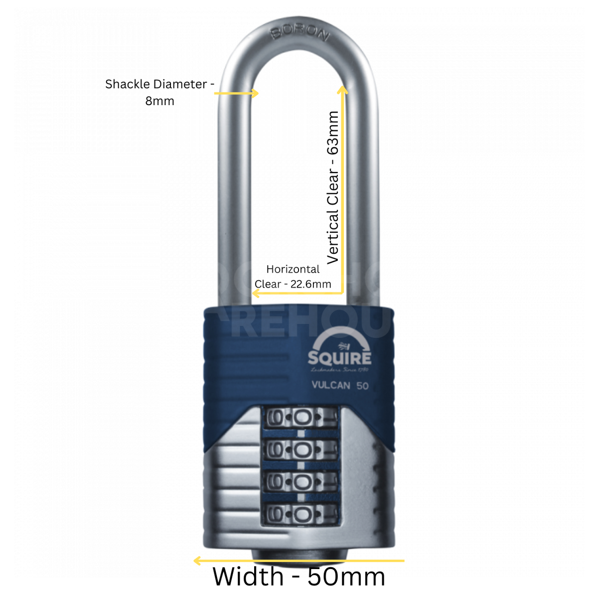 Dimensions Image: SQUIRE Vulcan 50mm 2.5&quot; Long Shackle Combination Padlock - 4 Wheel