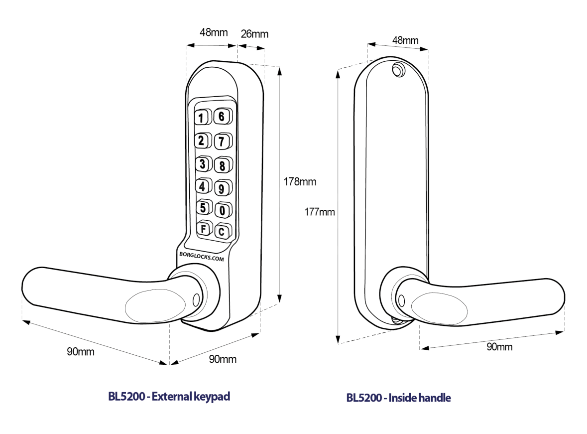 Dimensions Image: BORG LOCKS BL5201 Marine Grade Pro Digital Lock