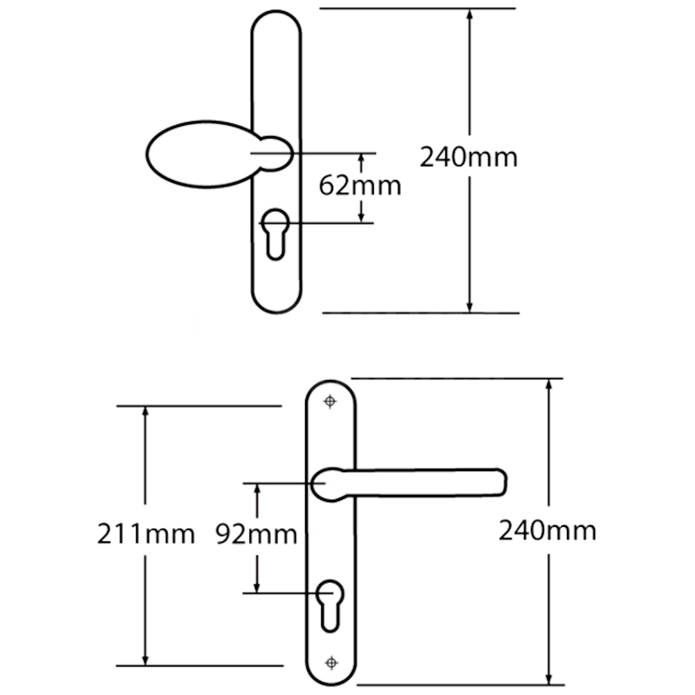 Dimensions Image: Mila Prolinea 92/62 Offset Lever Pad Handle