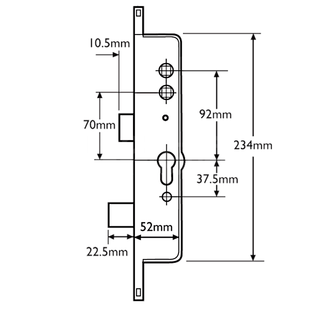 Dimensions Image: CEGO Surelock Lever Operated Latch &amp; Deadbolt Centre Case - 35/92-70