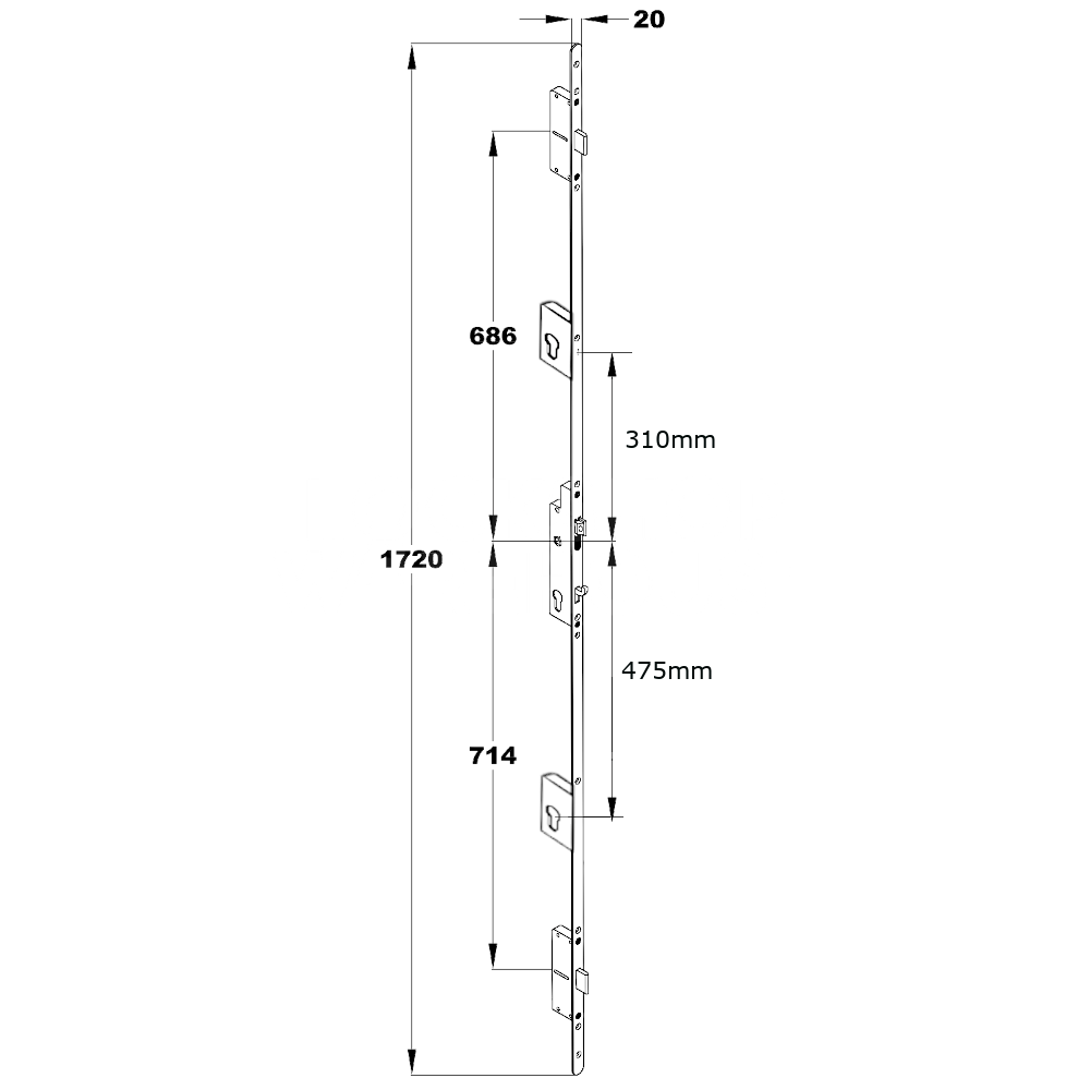 Dimensions Image: Fullex XL Crimebeater Split Spindle Multipoint Lock