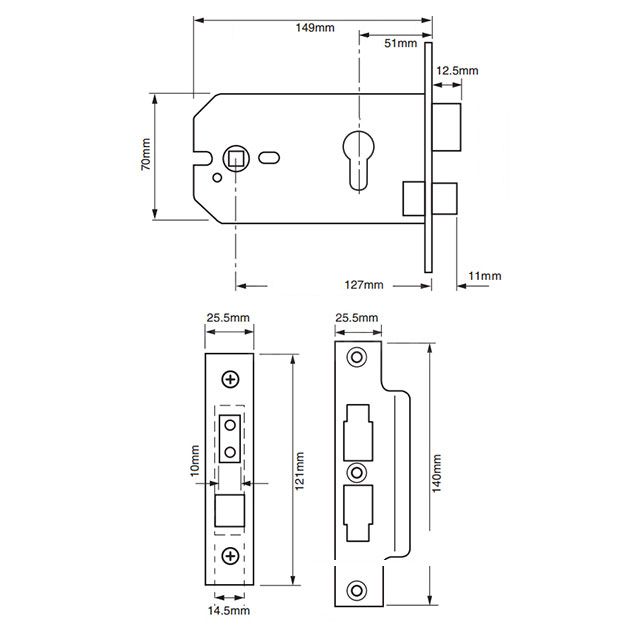 Dimensions Image: Union L2049 Euro Cylinder Horizontal Sashlock