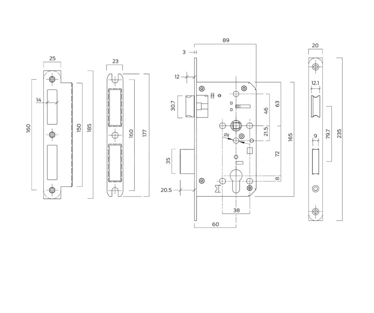Dimensions Image: BRITON 5720 DIN Euro Profile Sashlock Case 60mm Backset