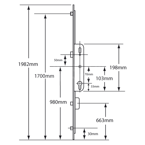 Dimensions Image: Ferco Munster Joinery Multipoint Lock 1 Deadbolt 2 Rollers