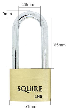 Dimensions Image: SQUIRE LN5 - 50mm - Brass Padlock - 64mm Long Shackle