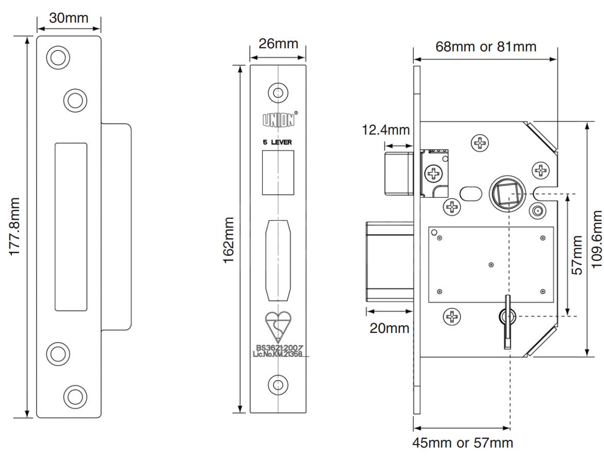 Dimensions Image: Union 2200S Strongbolt Sashlock (BS3621:2007)