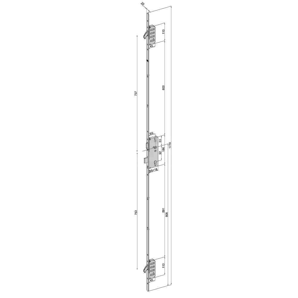 Dimensions Image: Winkhaus Trulock STV-F 2070 M2 Keywind Multipoint Lock