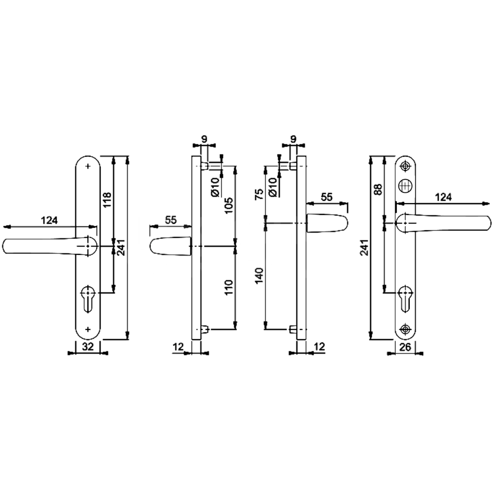 Dimensions Image: Hoppe Tokyo 92/62 Lever Door Handle with Internal Snib