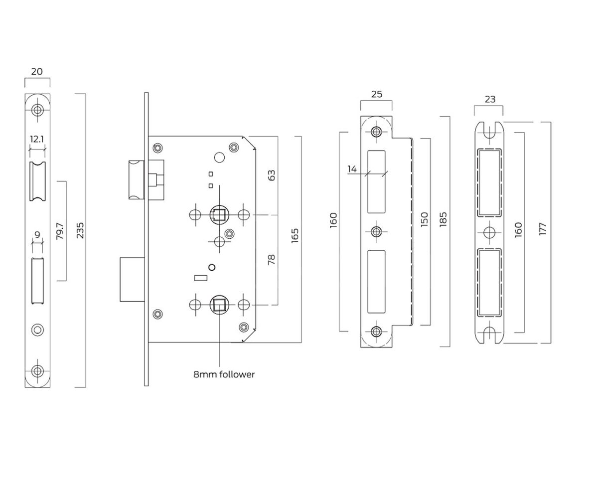 Dimensions Image: BRITON 5730 DIN Bathroom Lock Case 60mm Backset