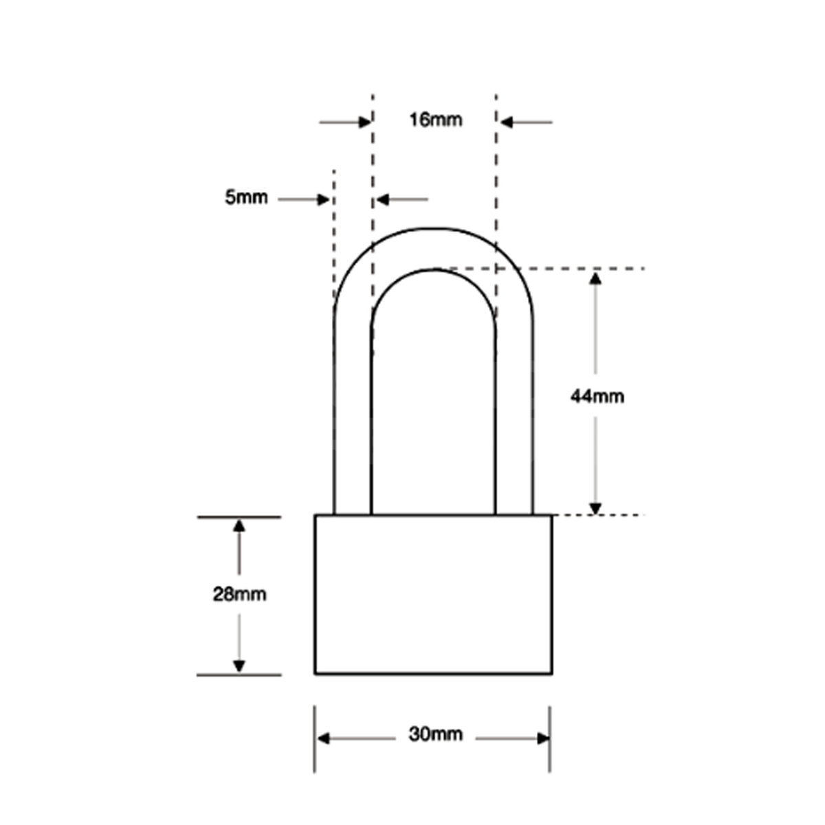 Dimensions Image: Asec 30mm Long Shackle Solid Brass Padlock