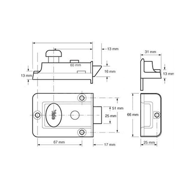Dimensions Image: Yale 77 Traditional Style Nightlatch 60mm: Reversed Latch