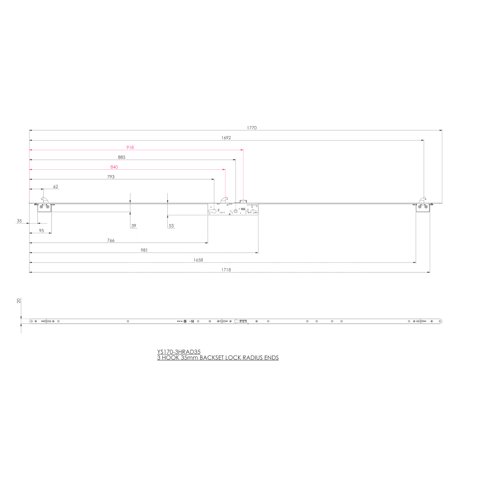 Dimensions Image: Yale YS170 Latch &amp; Hookbolt Multipoint Lock