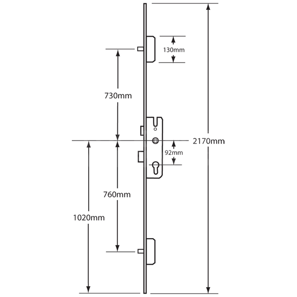 Dimensions Image: KFV Lever Operated Multipoint Lock 2 Round Bolt